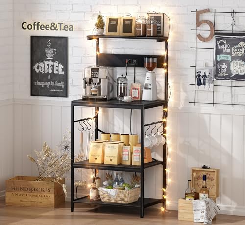 SUPERJARE Kitchen Bakers Rack with Power Outlet, Coffee Bar Table, Rustic Brown W637
