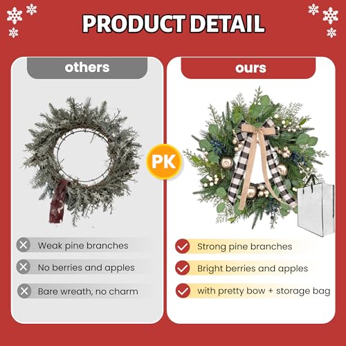 24 Inch Christmas Wreath for Front Door with Storage Bag, Gold Apple & Blue/White Berry, Buffalo Plaid Bow O585