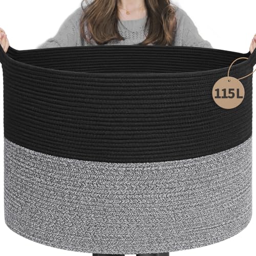 INDRESSME Large Cotton Rope Storage Basket with Handles, 90L Grey R37552