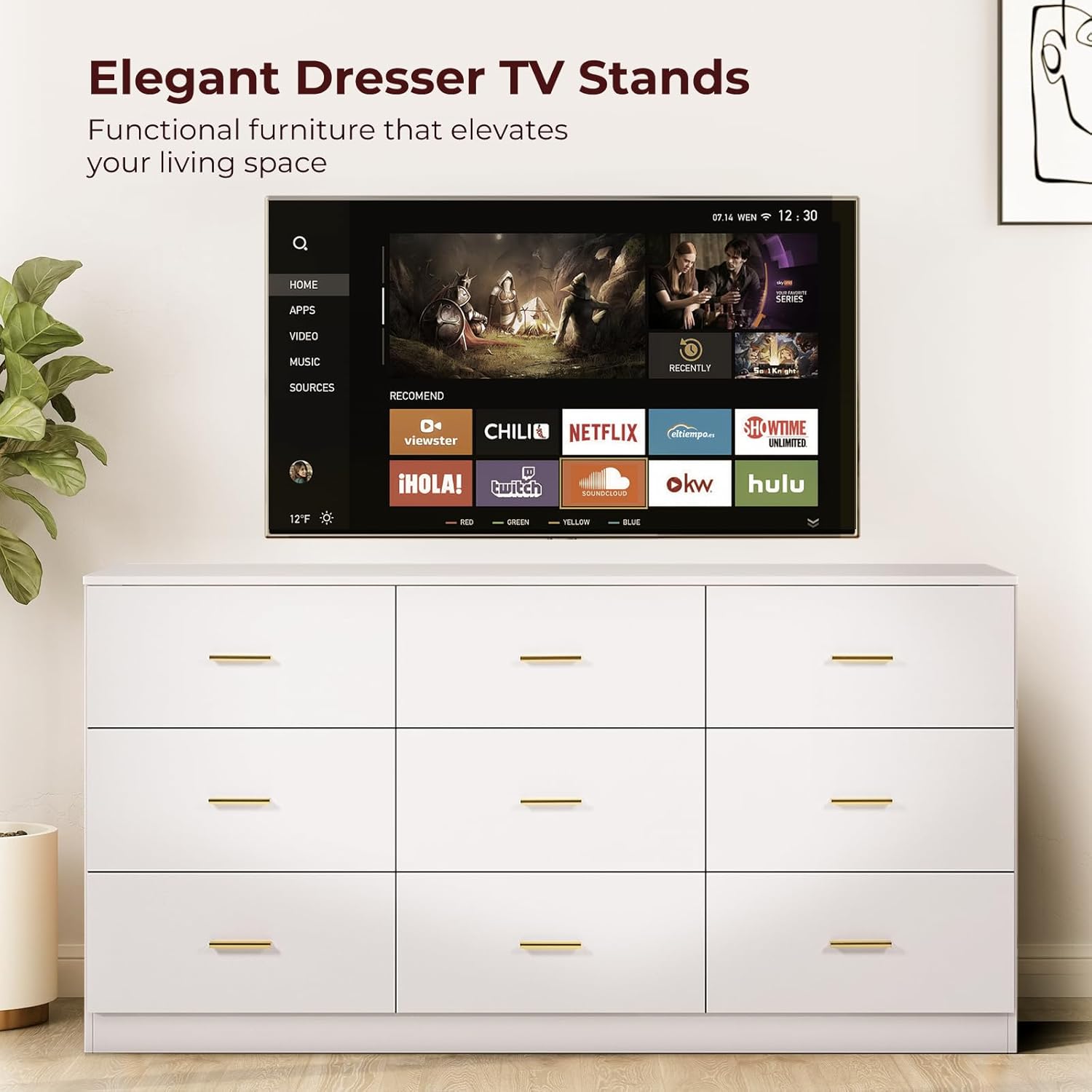 White Dresser for Bedroom with 9 Drawers, Modern TV Stand, Wooden Top, 63" M5379