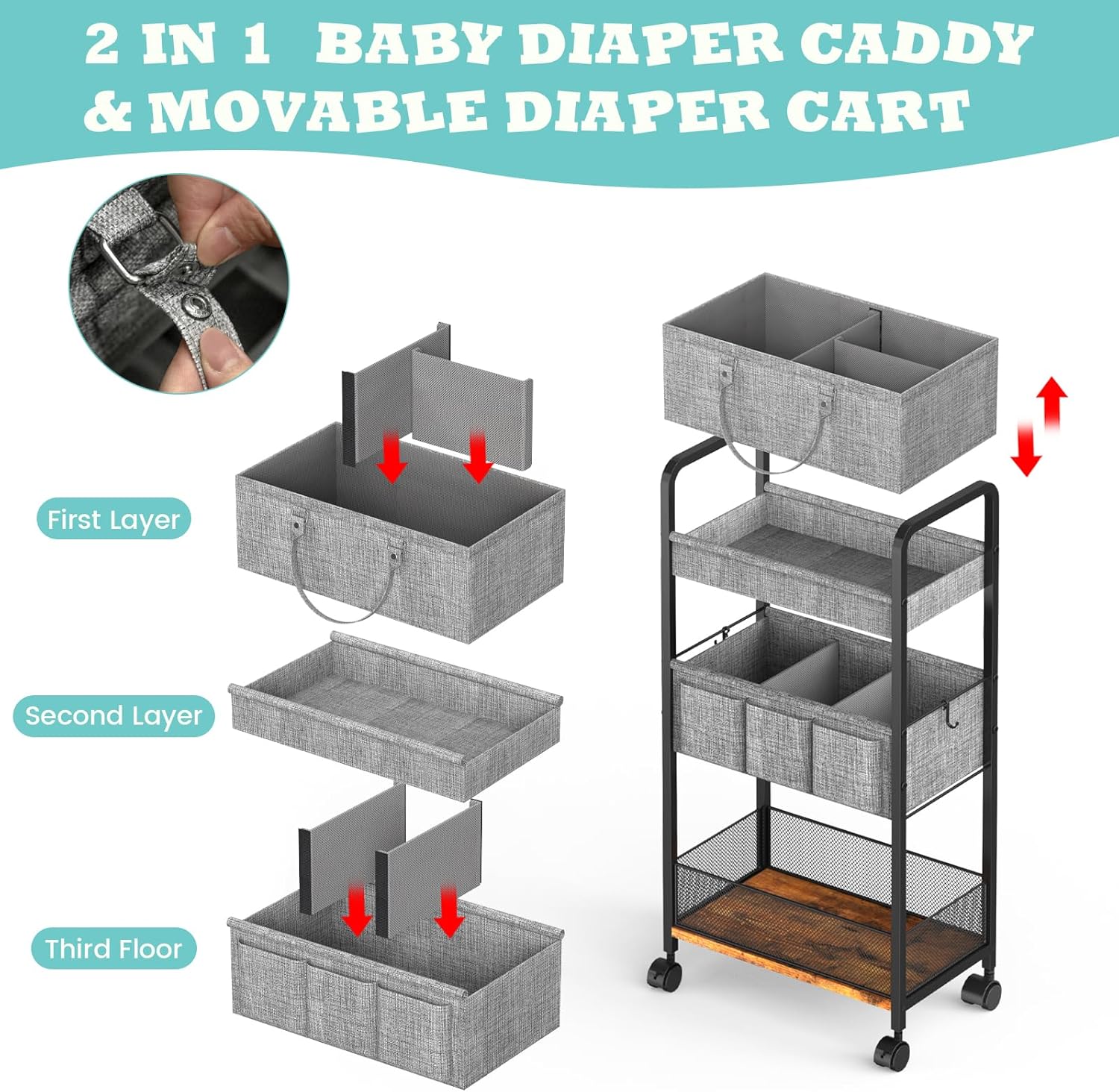 2-in-1 Baby Diaper Caddy & 3-Tier Rolling Cart with Dividers, Metal, Easy to Assemble W57587