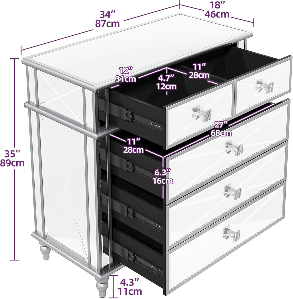 DWVO Silver Mirrored 5 Drawer Dresser for Bedroom with Wood Legs N450767