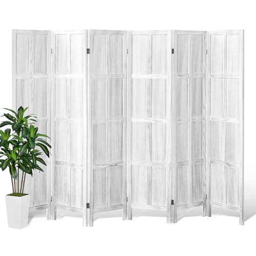 Wood Room Divider 4 Panel, 5.6 FT Tall Folding Privacy Screen, Retro White K4688