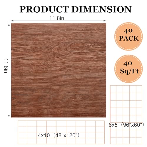 Peel and Stick Vinyl Floor Tiles 12x12 Waterproof Wood Look, 40 Sheets V905