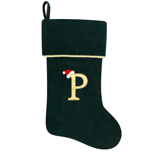 20 Inches Initial Monogram Blue Velvet Christmas Stocking with Gold Trim U394