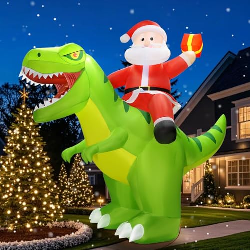 9x8FT Christmas Inflatables Decoration Outdoor Santa Riding Giant Dinosaur Christmas Blow Up Yard Decoration Blowups Dino Built-in LED Lights for Holiday Party Xmas New Year
