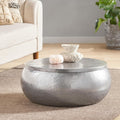 29" Modern Solid Aluminum Round Drum Coffee Table with Hammered Embossed Texturing, Drum Round Coffee Table Cocktail Table Creative Center Table for Living Room