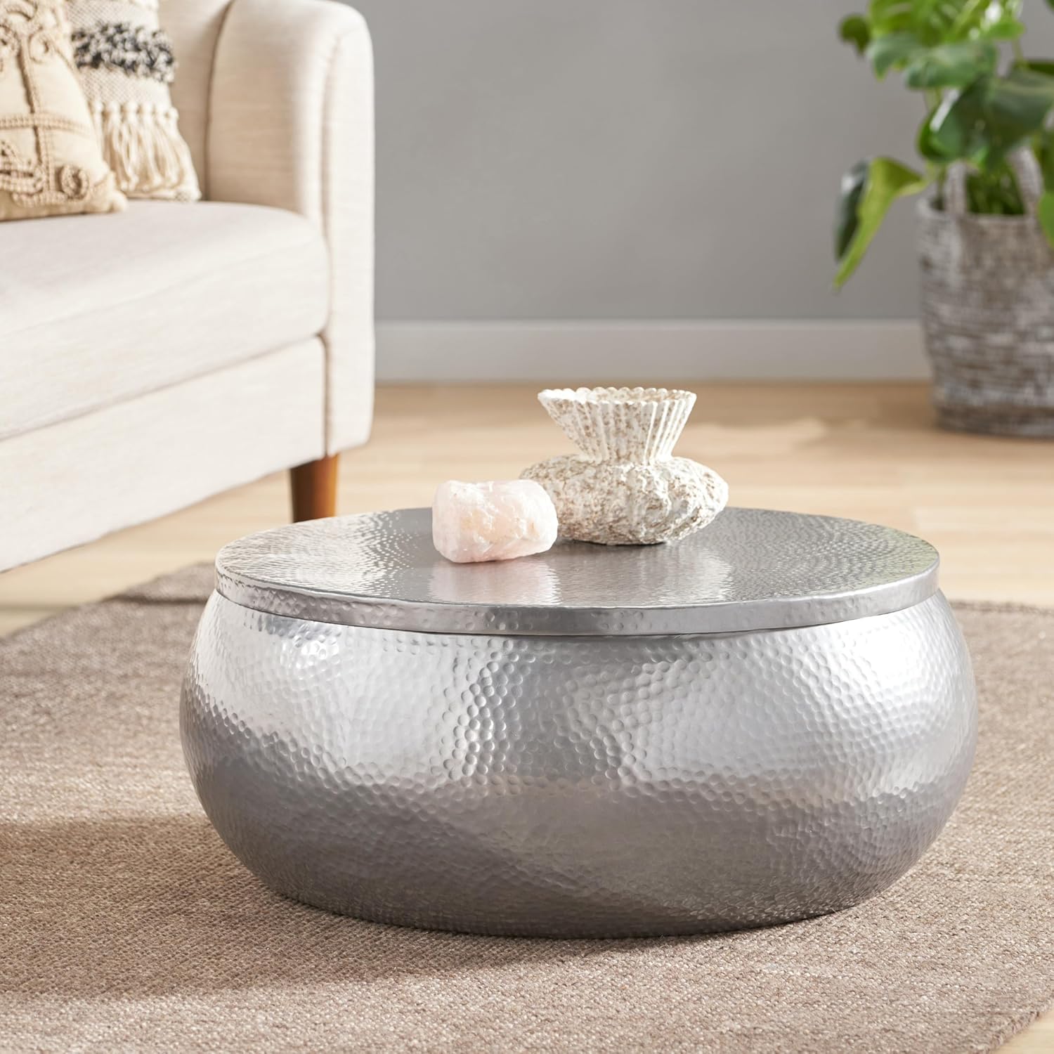 29" Modern Solid Aluminum Round Drum Coffee Table with Hammered Embossed Texturing, Drum Round Coffee Table Cocktail Table Creative Center Table for Living Room