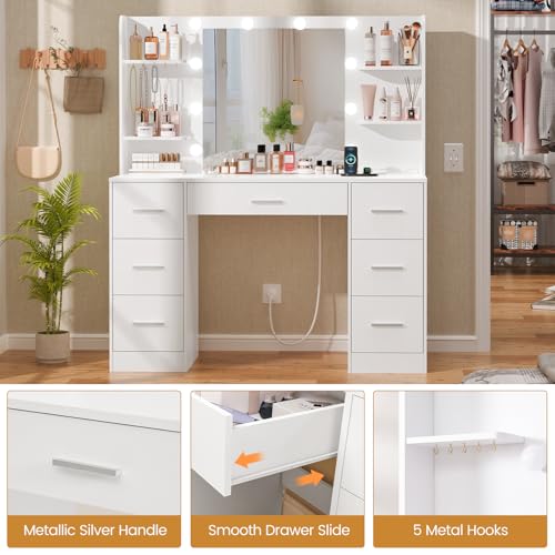 Quimoo Large Vanity Desk with LED Mirror & Power Outlet, White L335