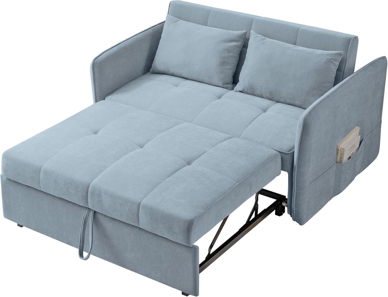 Chenille Fabric 3-in-1 Double Sofa Bed with Pull-Out Bed, Bluish Grey Q8445