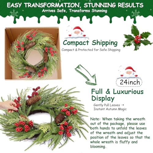 24 Inch Christmas Wreath with Red Bow for Front Door C225