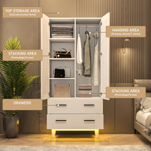3 Door Armoire Wardrobe with Drawers and LED Lights, White S39322