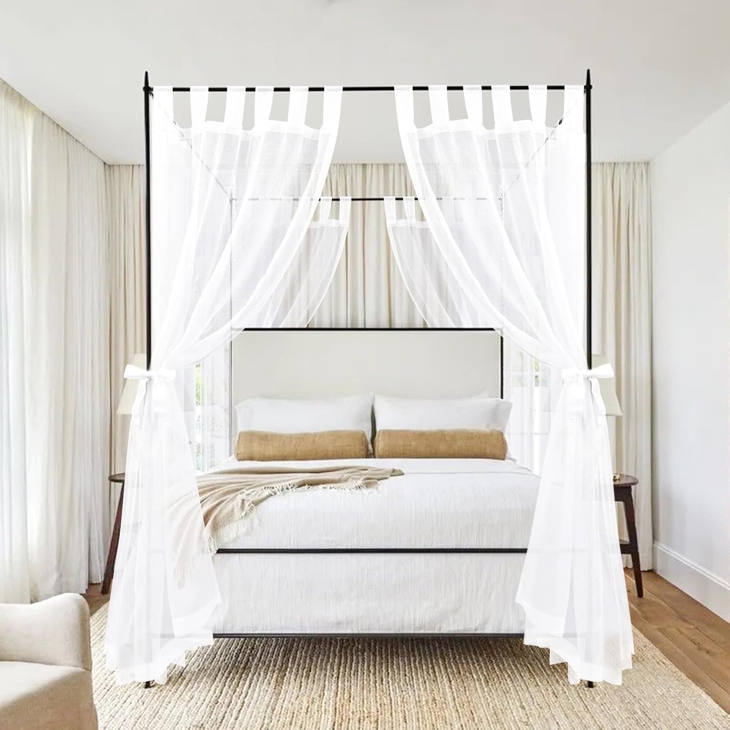8 Panels Canopy Curtains White Canopy Bed Curtains for King Full/Queen and Twin Bed Frame,Four Poster Bed Canopy Curtains Drapes,Sheer Canopy Bed Drapes with Top and Self-Adhesive Velcro(42"x74")