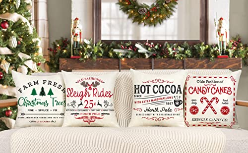 Farmhouse Christmas Pillow Covers 18x18 Set of 4 Red White Rustic Cushion Cases D219