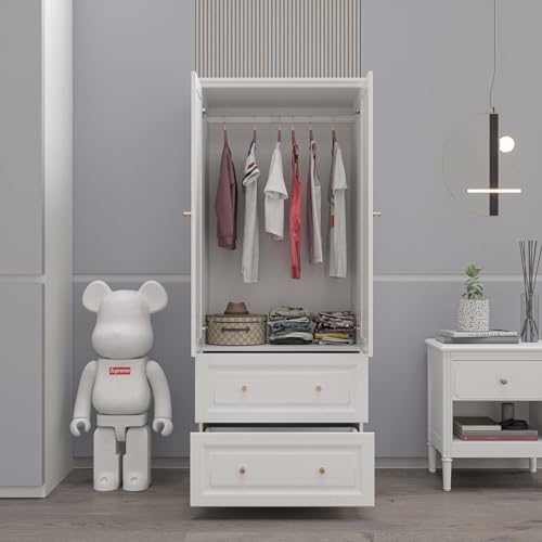 78.74" 6-Door Large Armoire Wardrobe with 3 Drawers & 2 Hanging Rods, White V38930