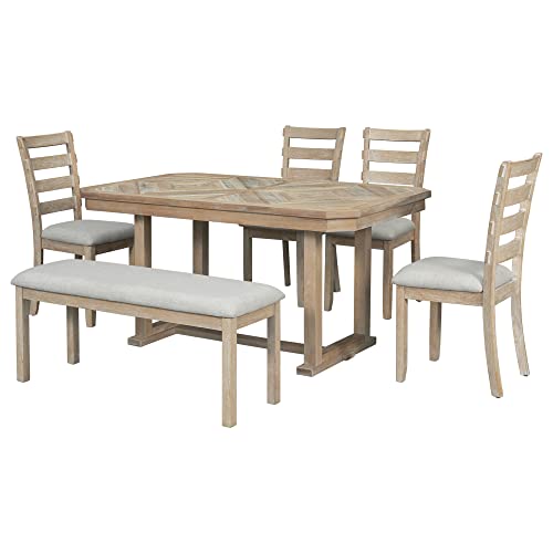 Merax 6-Piece Rubber Wood Dining Table Set with 4 Cushioned Chairs and Bench, Light Gray F5621