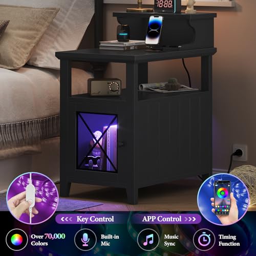 Itaar Farmhouse End Table with Charging Station and LED Lights, Black V906926