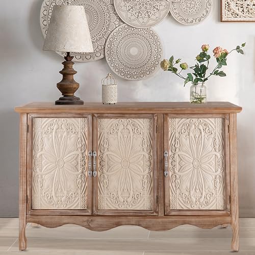 Vintage Sideboard Buffet Cabinet with 3 Carved Doors, Wash Grey V2636