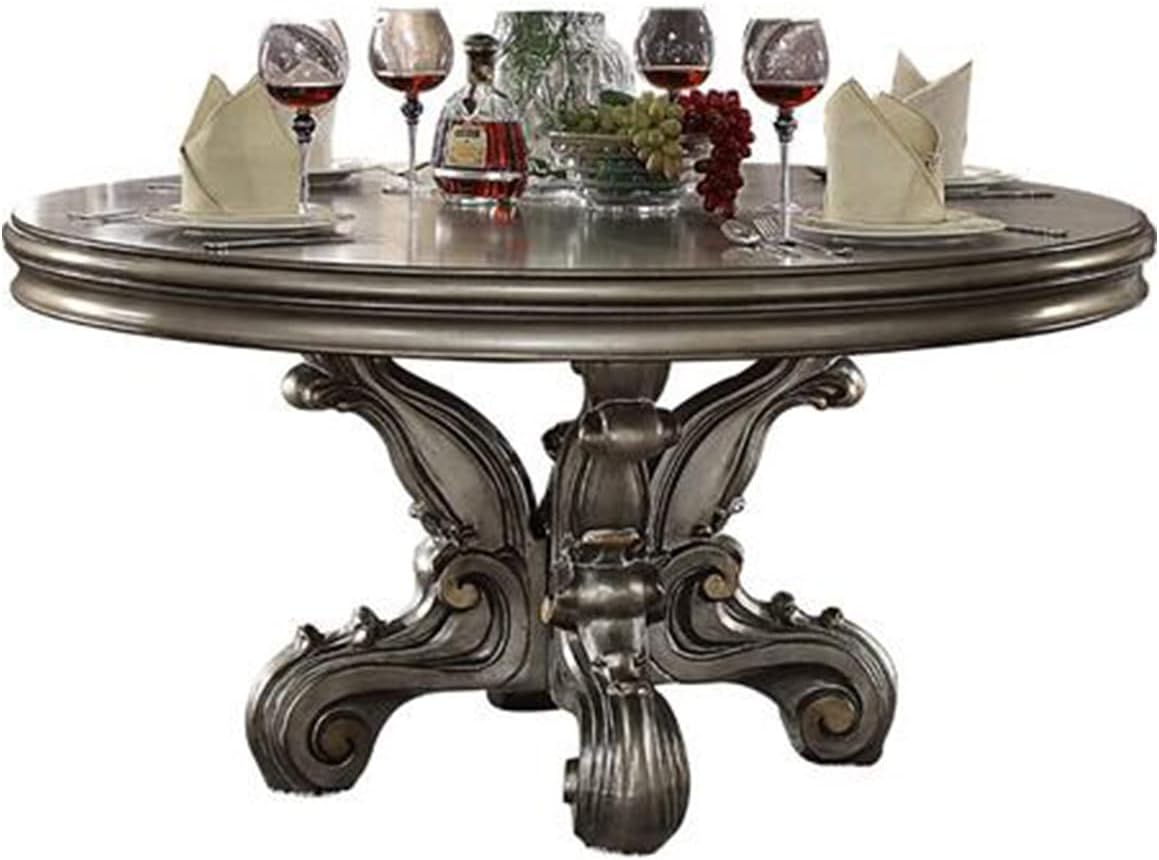 Acme Furniture Round Dining Table with Single Pedestal, Antique Platinum