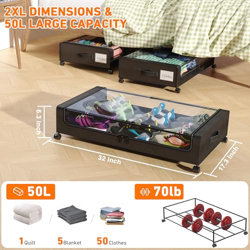 Under Bed Storage with Wheels, 2-Pack XXL 60L Metal Drawer, Black S2866