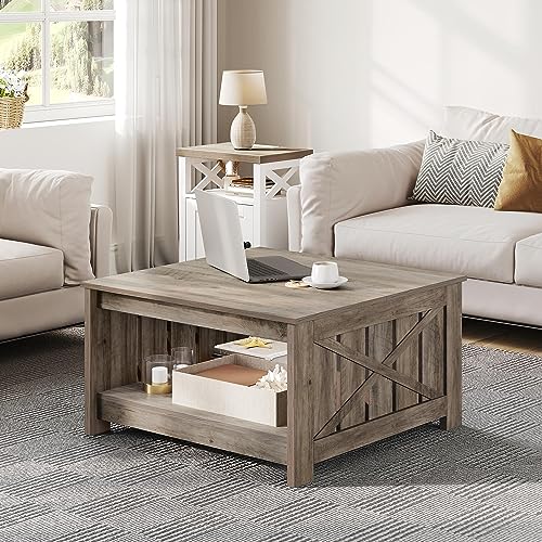 YITAHOME Farmhouse Coffee Table with Storage, Rustic Wood, Brown U567502
