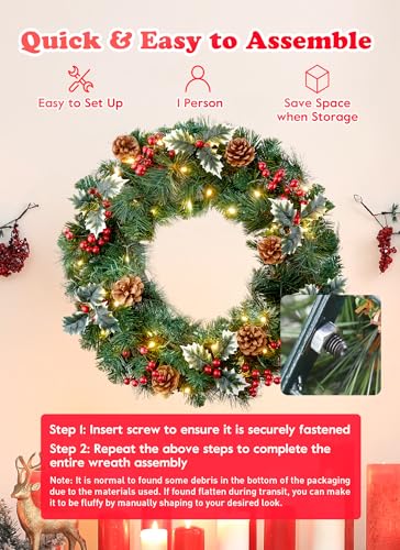 24 Inch Prelit Christmas Wreath with LED Lights for Front Door B9710