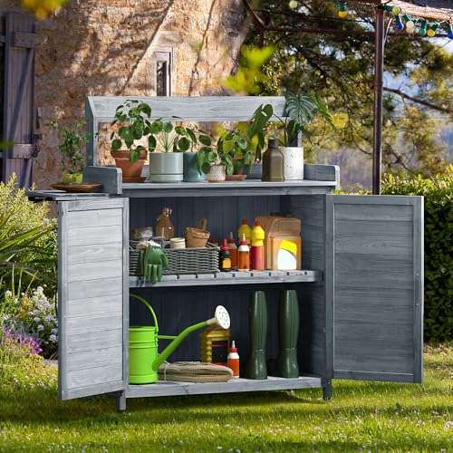 YITAHOME Solid Wood Potting Bench Table with Folding Pallet and Metal Tabletop, Grey Y7623