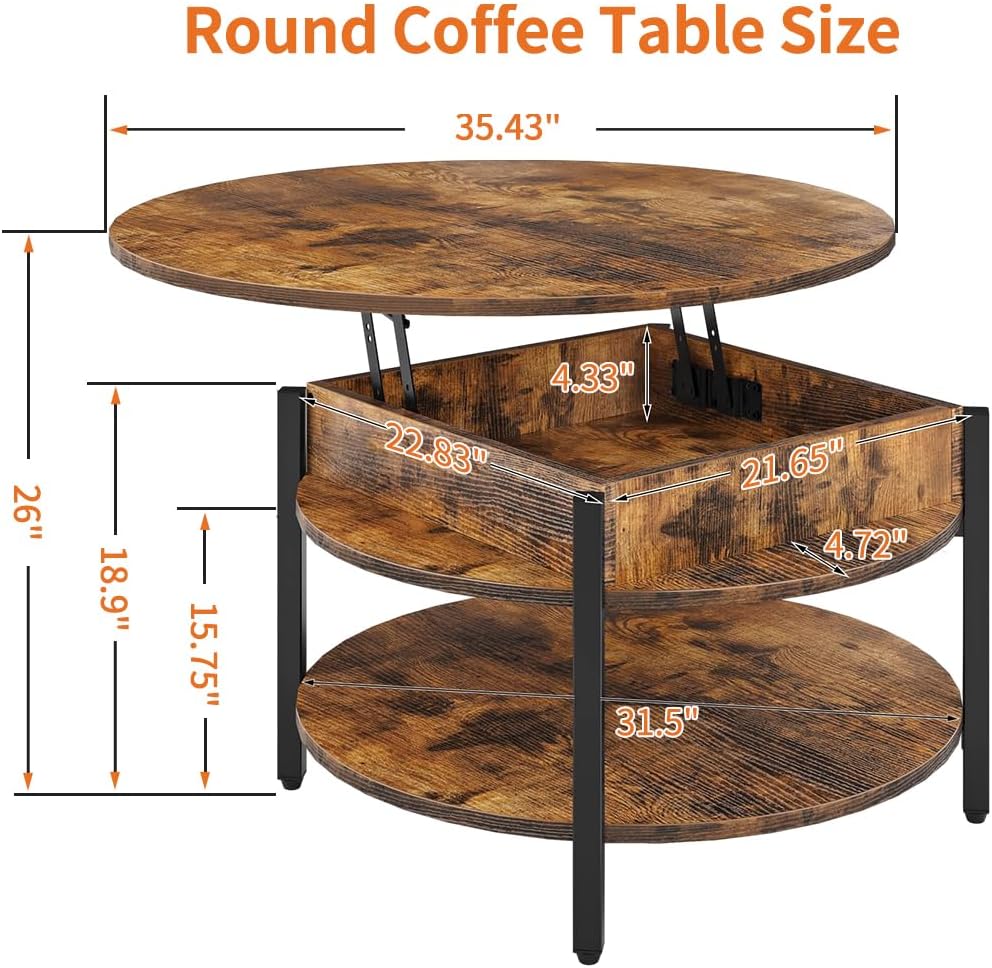 CLATINA Round Lift Top Coffee Table with Storage, Rustic Brown S101951