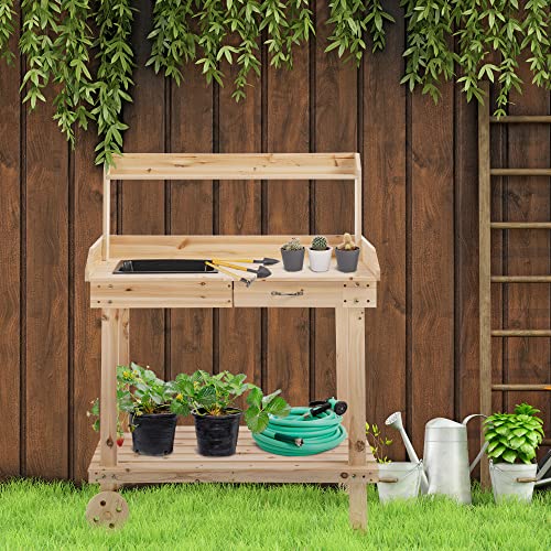 Outsunny 36" Wooden Potting Bench Work Table with Sink and Storage, Brown O683