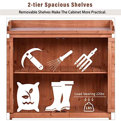 Merax 66" Outdoor Farmhouse Wooden Potting Bench Table with 2 Drawers and Cabinet, Brown U7933