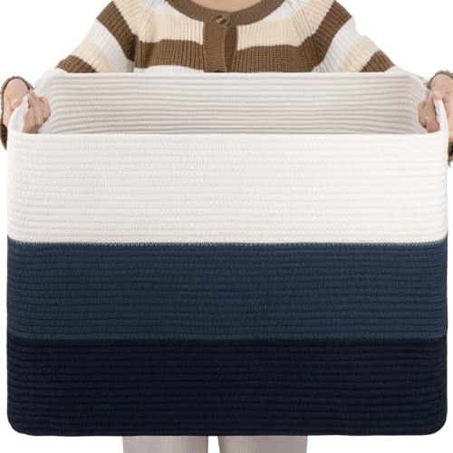 OIAHOMY Large Rectangle Woven Blanket Basket with Handle, Gradient Blue B58762