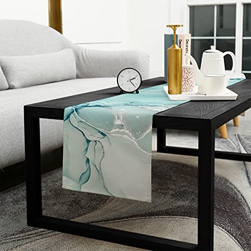 Marble Turquoise Teal Aqua Cotton Linen Table Runner 90 Inches O536843