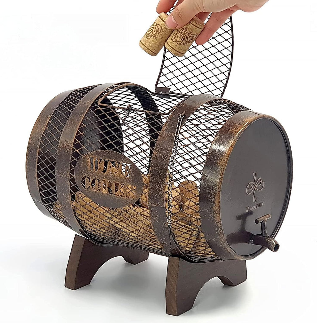 Rustic Metal Large Barrel Wine Cork Holder Display On Wooden Stand, Wine Lover Gift, Housewarming Gift, Home Bar Decor, Wine Gift, Engagement Gift, Kitchen Decor