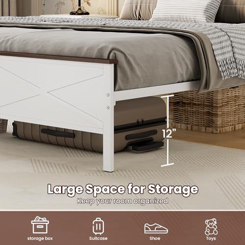 VOPEAK Farmhouse Queen Bed Frame with Headboard, Metal Platform, White E258