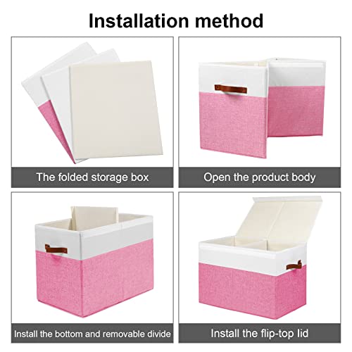 Large Toy Storage Box with Lid and Dividers for Kids, Beige and White X95078