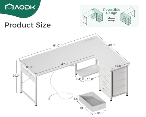 AODK L Shaped Gaming Desk with 4 Drawers, Power Outlets, Black P81263