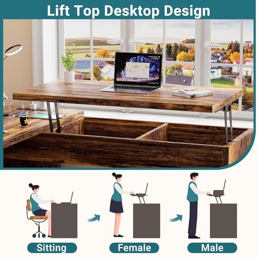 Unikito L Shaped Desk with Lift Top and Drawer, Power Outlets, Black C26845