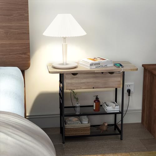 End Table with Fast Charging Station, USB C Ports and Outlets, Flip Top, Rustic Brown R1743
