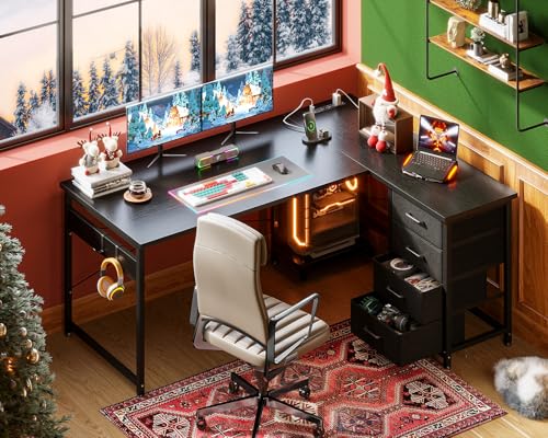 AODK L Shaped Gaming Desk with 4 Drawers, Power Outlets, Black P81263