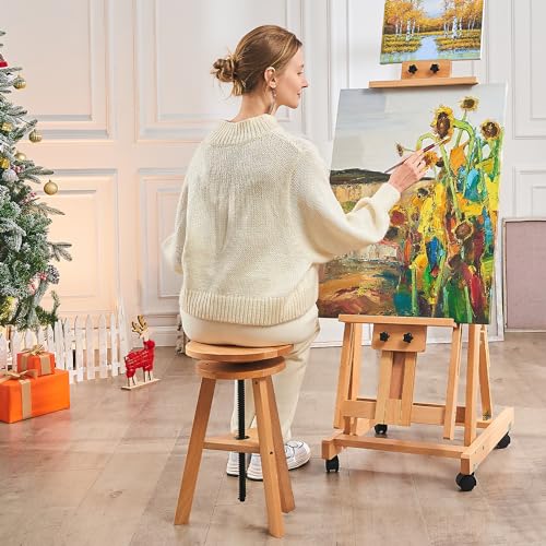Height Adjustable Solid Beech Wood Artist Stool, Swivel Drafting Stool for Studio T51822