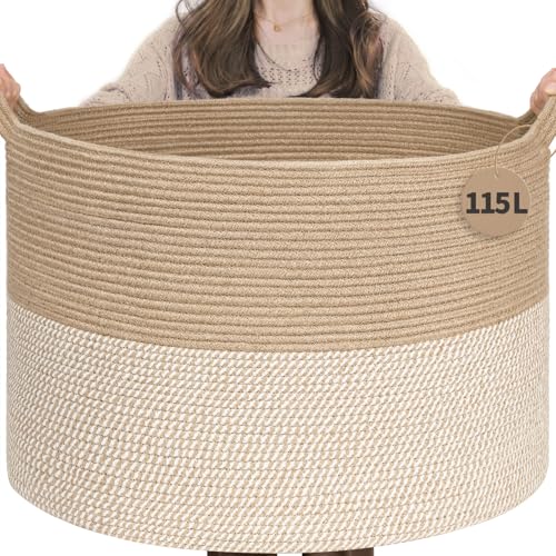 INDRESSME Large Cotton Rope Storage Basket with Handles, 90L Grey R37552
