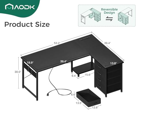 AODK L Shaped Gaming Desk with 4 Drawers, Power Outlets, Black P81263