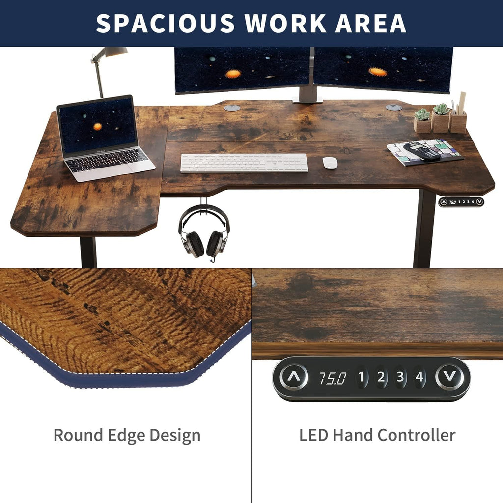 59" L-Shaped Electric Standing Desk with Rustic Brown Top X37455