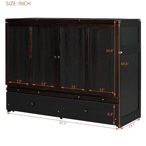 Harper & Bright Designs Queen Murphy Bed Cabinet, Solid Pine, Espresso W128
