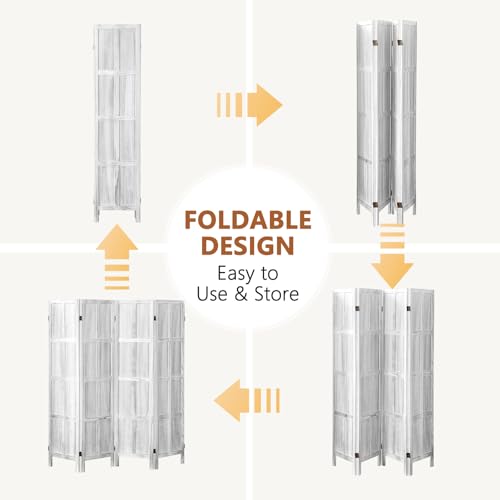 Wood Room Divider 4 Panel, 5.6 FT Tall Folding Privacy Screen, Retro White K4688