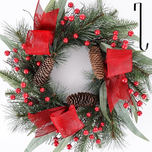 24 Inch Christmas Wreath with Red Ribbon and Pine Cones for Front Door D30392
