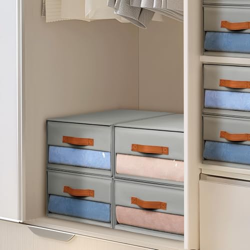 DIMJ Closet Organizers and Storage - Fabric Bins with Drawers, Stackable, 4-Pack, Grey G8366