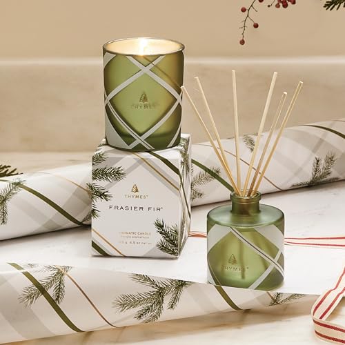Thymes Frasier Fir Candle – Frosted Plaid Jar – Scented Holiday Candle (6.5 oz) D710