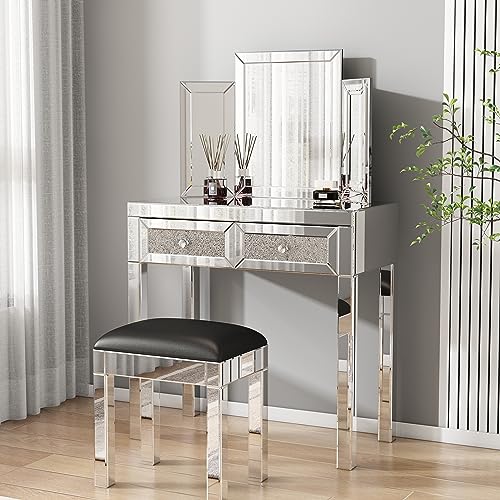 Mirrored Vanity Dressing Table Set with Stool and 2 Drawer Storage D261437