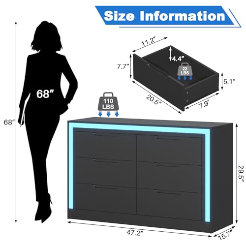 6 Drawer Dresser with LED Light for Bedroom, Black Y421